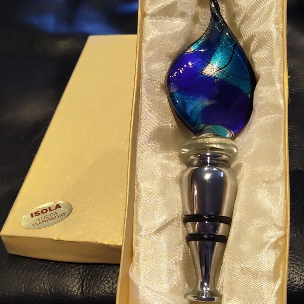 ART Glass Murano Blue Silver bottle Stopper Isola Lucca Viareggio